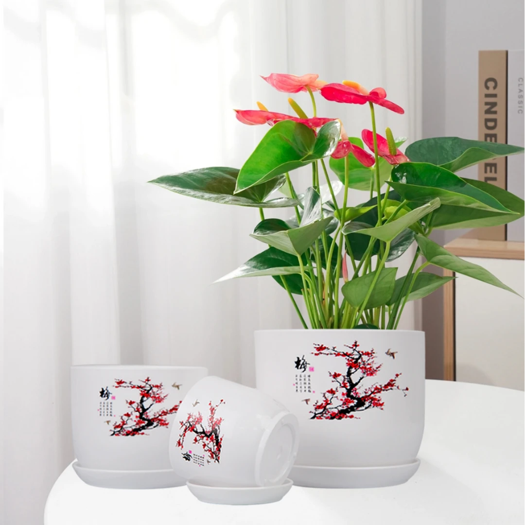 梅兰竹菊荷创意仿瓷环保塑料中国风中式格调客厅办公大花盆小花盆