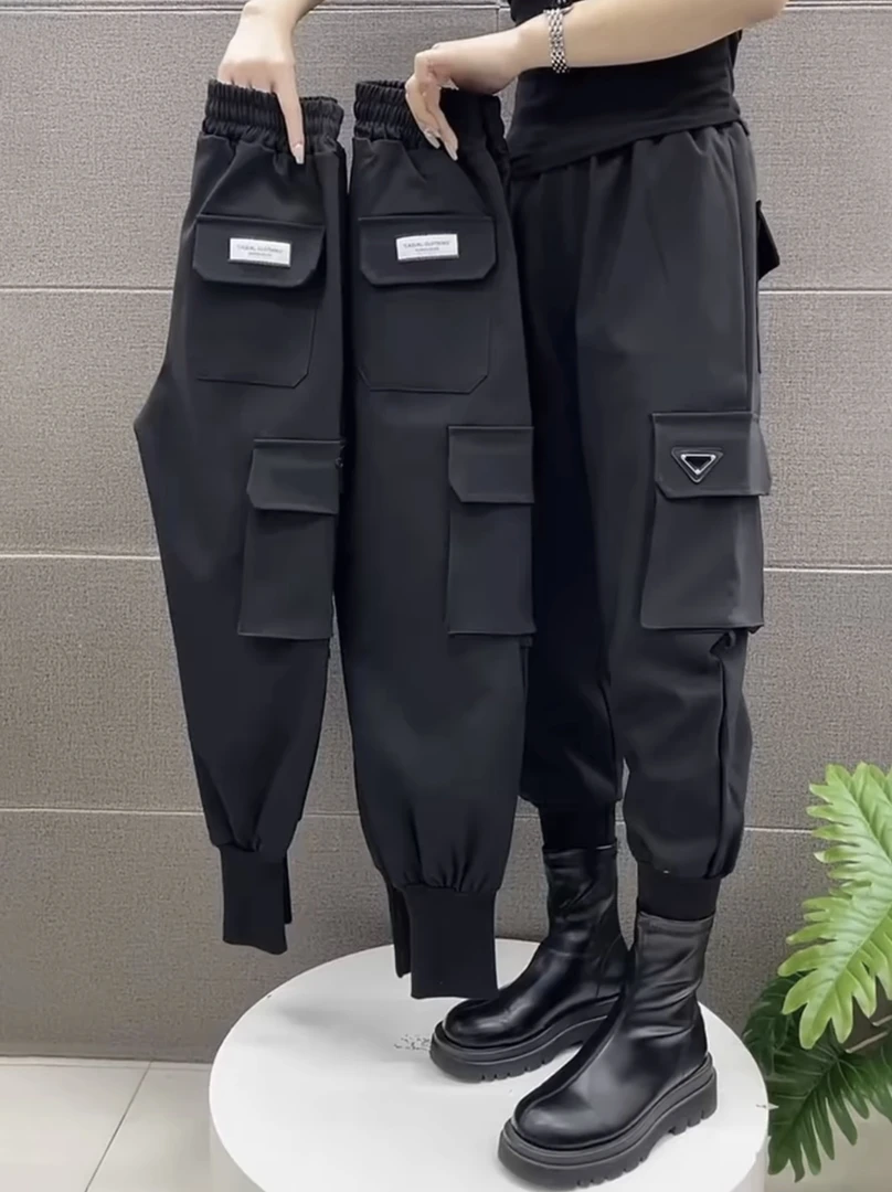 大码工装裤女秋冬新款马丁裤梨形身材微胖mm宽松休闲哈伦裤束脚裤