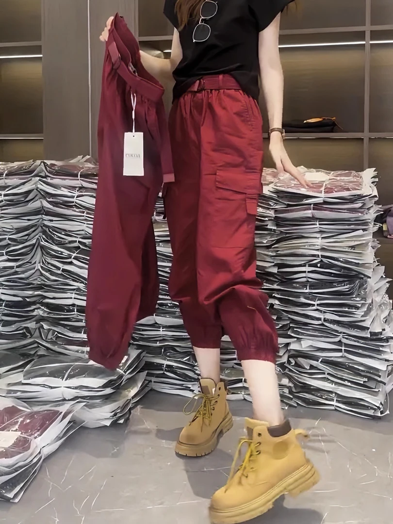 梨形身材微胖穿搭大码宽松窄版阔腿工装裤子女夏季新款八分休闲裤