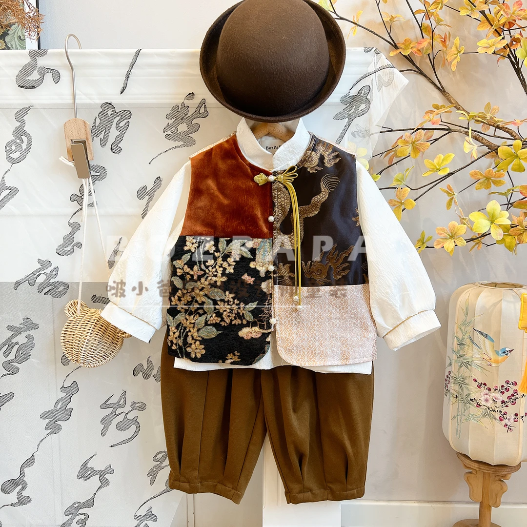 现货【琉璃影】新中式季儿童刺绣拼接珍珠龙须扣马甲汉服