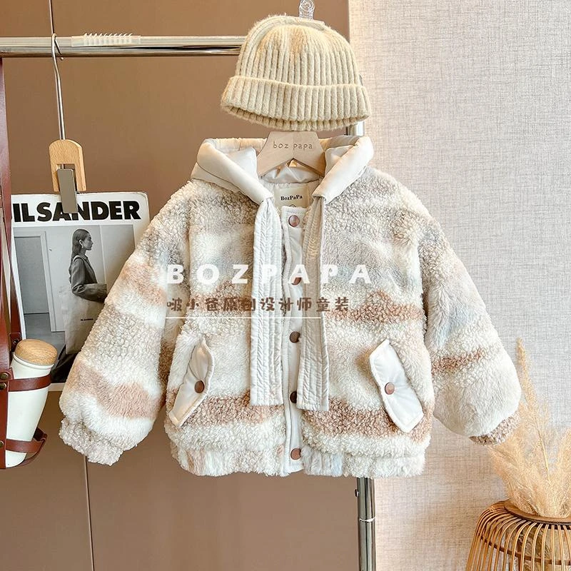 现货【彩虹跳跳糖】毛毛绒夹棉外套2024新款冬季韩版连帽休闲棉服