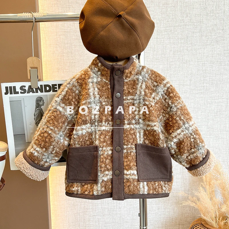 现货【玛芬蛋糕】毛绒外套2024冬季新款休闲男宝宝格子洋气毛绒外套