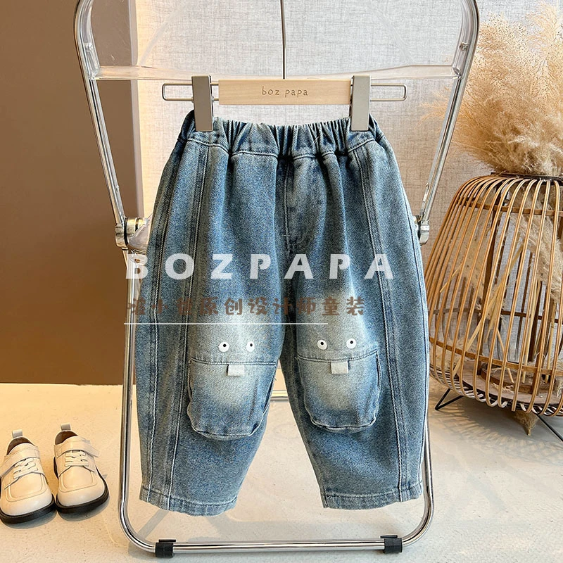 现货【小眼睛】凹造型个性童趣男童水洗牛仔裤2025春韩版儿童牛仔裤