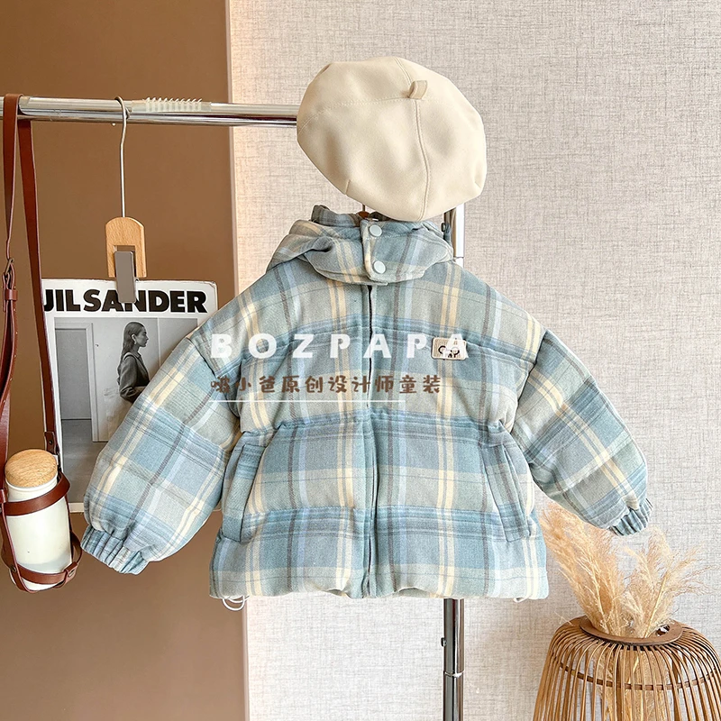 现货啵小爸【暮云和雨】2024春秋冬季男童韩版格纹连帽夹棉加厚外套