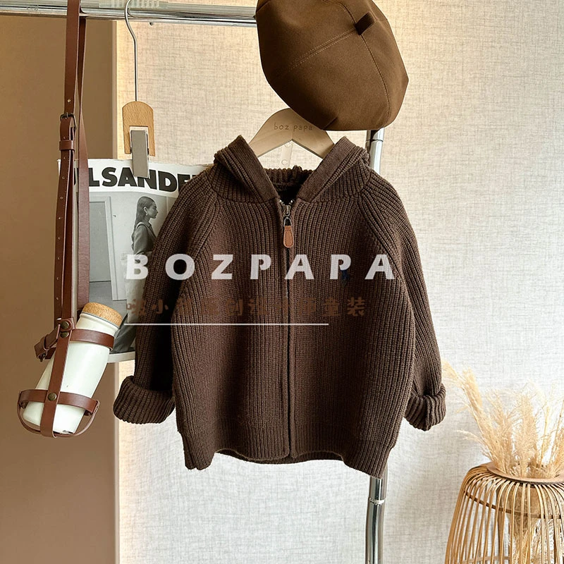 现货啵小爸【静港暮色】针织毛衣外套男童2025连帽纯色刺绣拉链外套