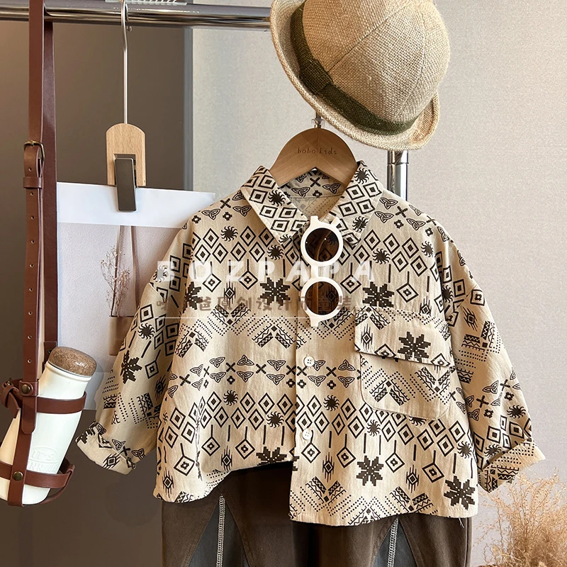 现货【海岛风衬衫】2025春秋新款男童海岛风印花衬衫韩版宝宝洋气