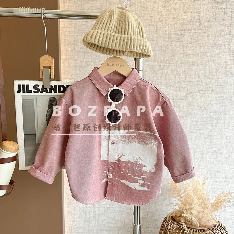 现货【甜心小鹿】粉色衬衫2024新款秋季潮酷男童翻领设计感衬衣上衣