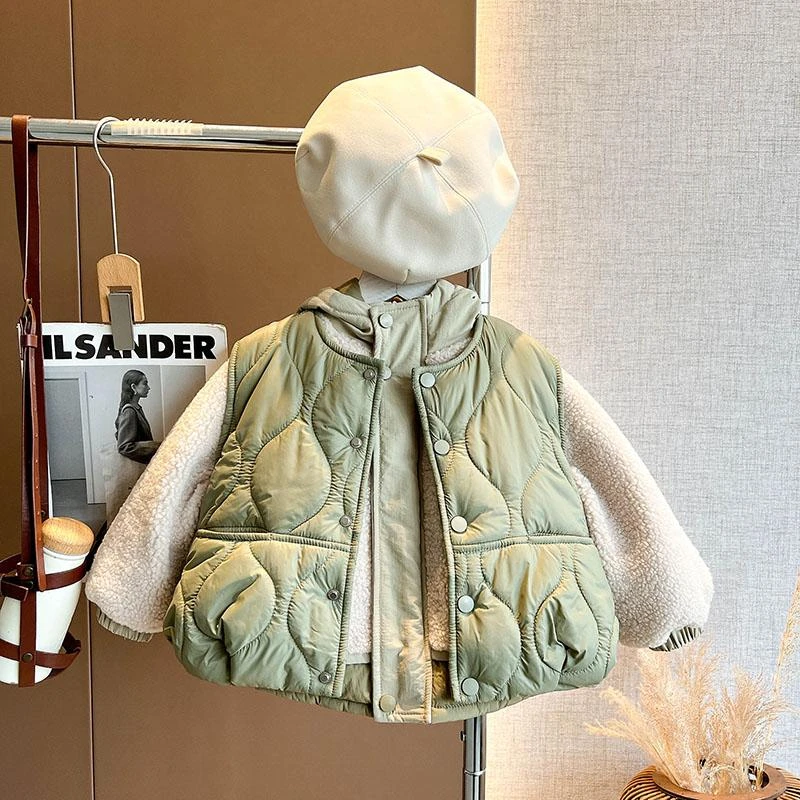 现货【牛奶果绿】夹棉马甲2024新款冬季连帽夹棉加厚外套男宝两件套