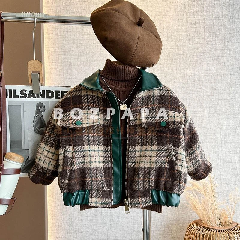 现货【西野画廊】拼接加绒外套2024冬季新款男宝格子气质休闲外套
