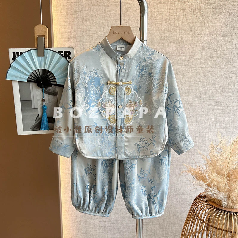 现货【江南竹景】新中式男童中国风唐装国潮立领刺绣春秋装周岁套装