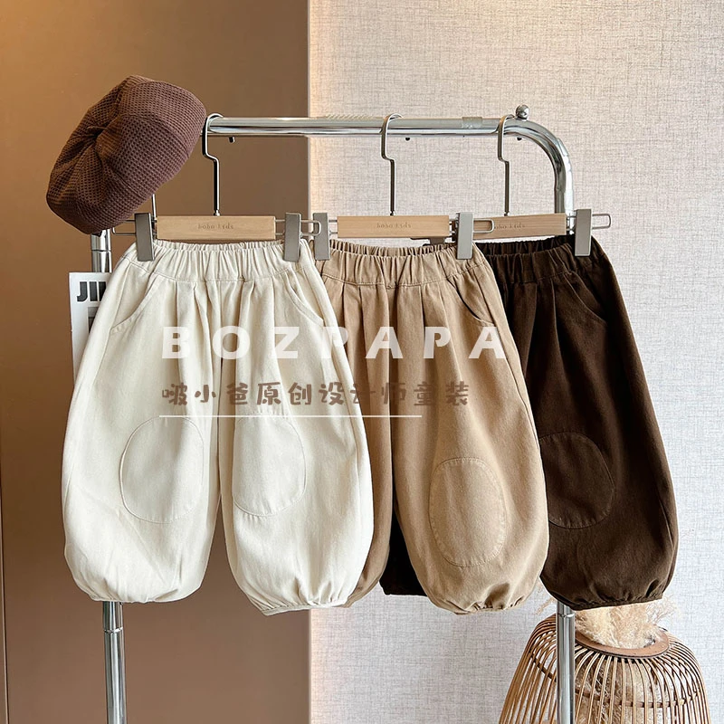 现货【年轮】咖色补丁裤2025春秋新款韩版宽松休闲裤儿童帅气潮裤子