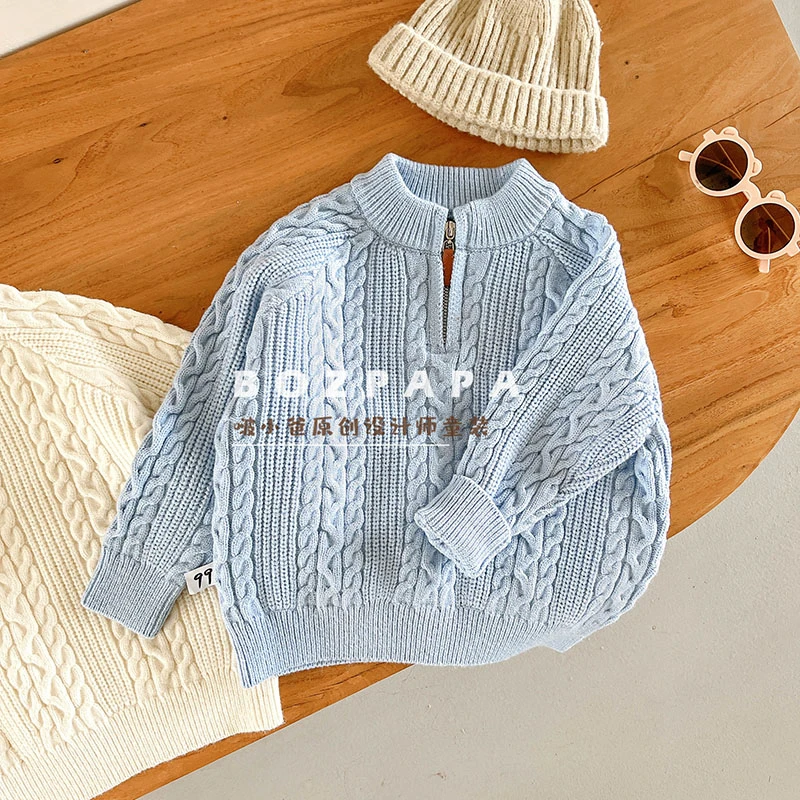 现货啵小爸【蓝晴】2024春秋冬季男童圆领纯色百搭加厚韩版针织毛衣