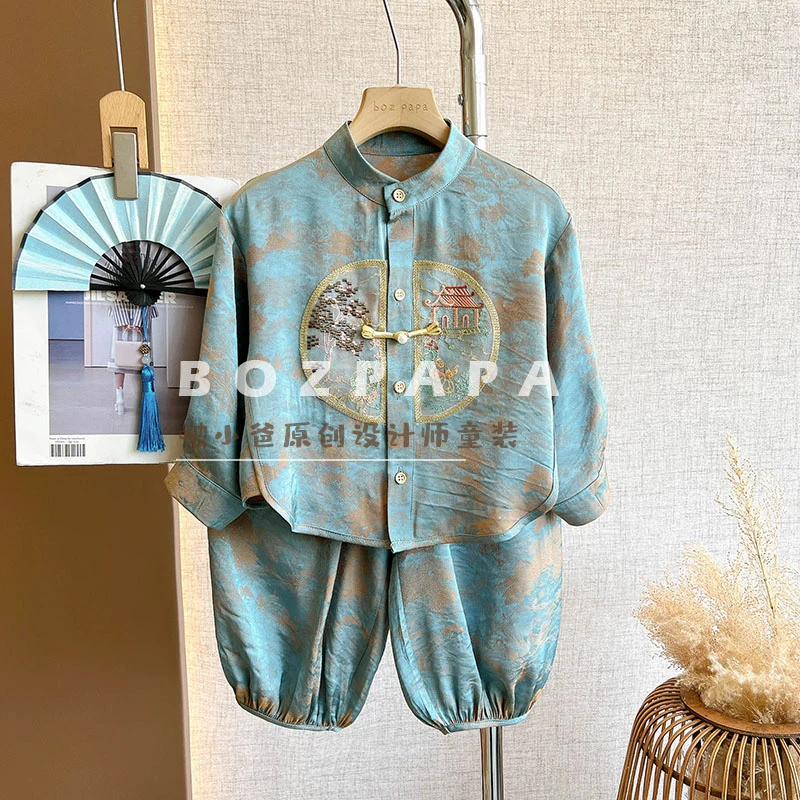 现货【楼中清泉】新中式套装男童中国风汉服国潮立领刺绣周岁礼服