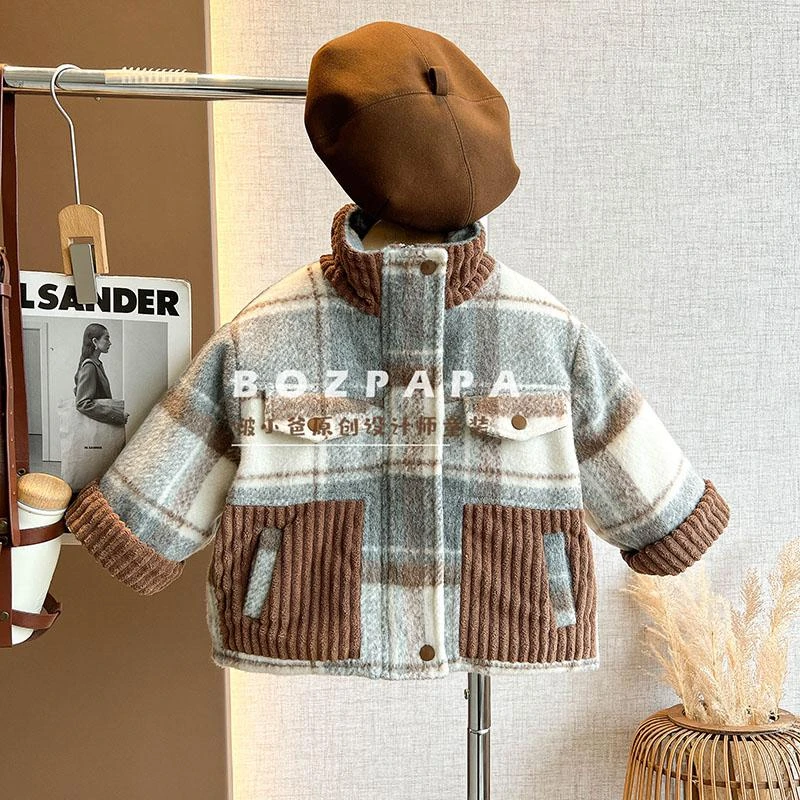 现货【蓝椰拿铁】夹棉衬衫外套2024新款冬季加厚格纹拼接男宝棉服