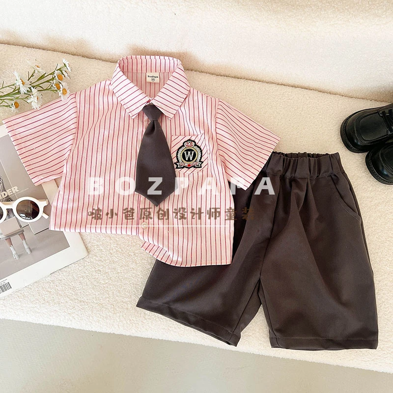 现货【学院甜心】2024夏季新款亮片条纹刺绣学院风时尚男宝儿童套装