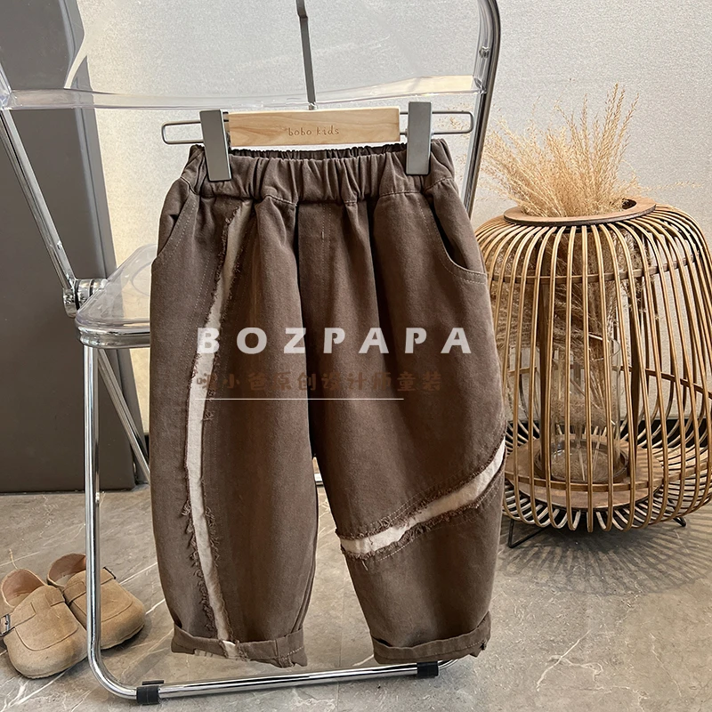 BOZPAPA2023秋季韩版新款男童设计款水洗边边宝宝宽松拼接休闲裤