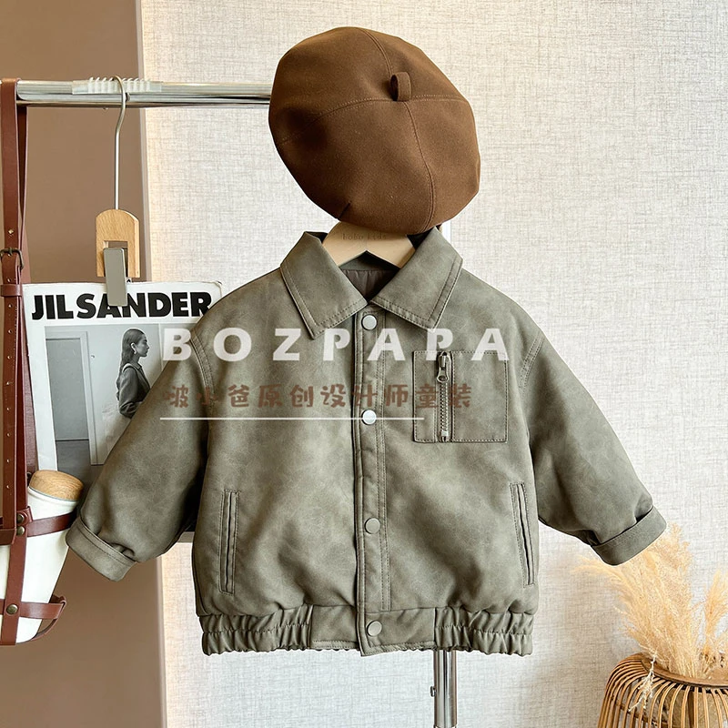 【松野苔原】夹棉皮衣外套2024冬款宝宝复古翻领洋气韩版加厚皮衣