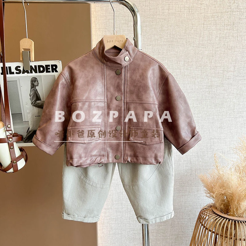 【葡萄罐头】2024儿童春秋新款韩版痞帅宝宝炸街纯色个性皮夹外套