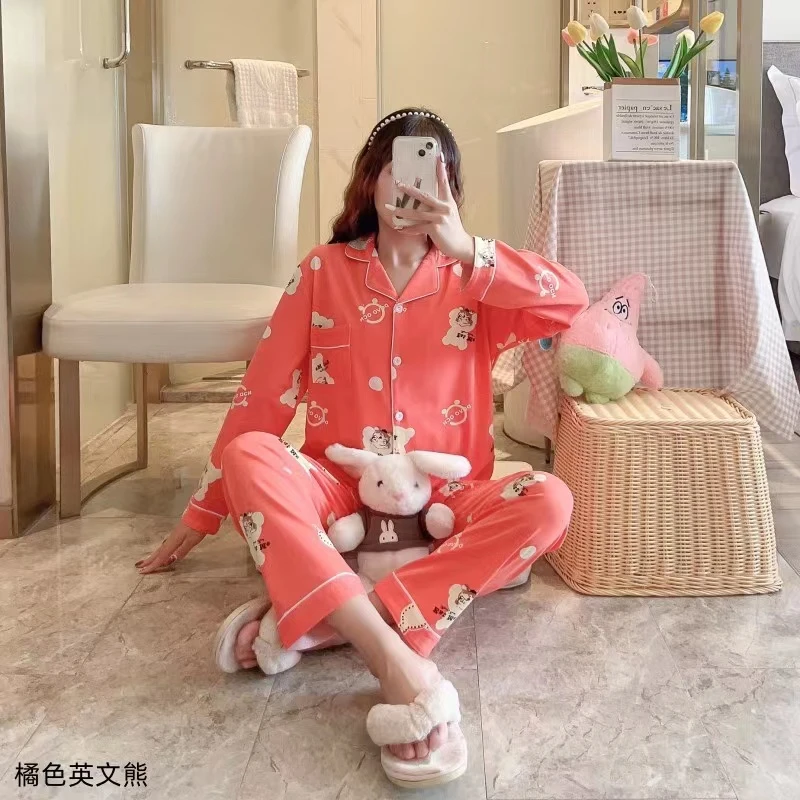 新款长袖长裤加大码空调房春秋宽松休闲简约系扣开衫家居服套装