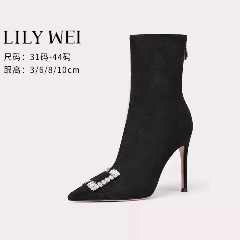 Lily Wei弹力靴女冬季新款细跟短靴水钻方扣百搭瘦瘦靴大小码