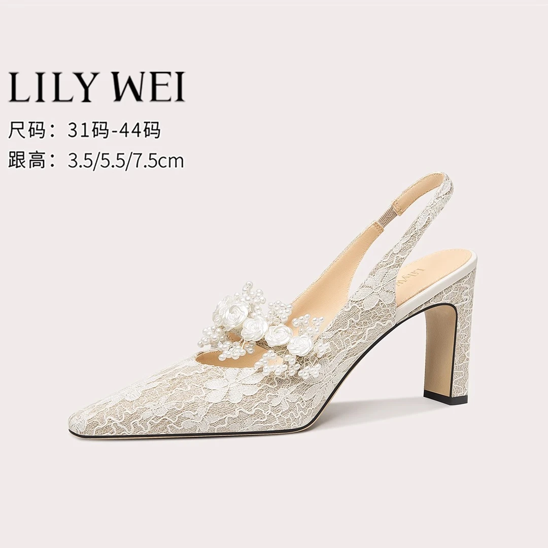 LilyWei金枝玉叶  高跟鞋设计感小众凉鞋气质珠花主婚鞋大码41-43