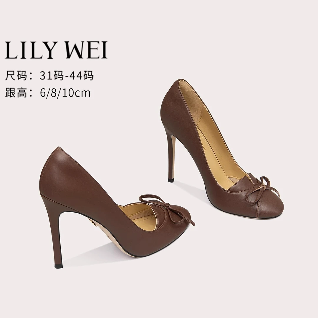 LilyWei复古蝴蝶结浅口单鞋一脚蹬圆头通勤工作鞋大码高跟鞋41-43
