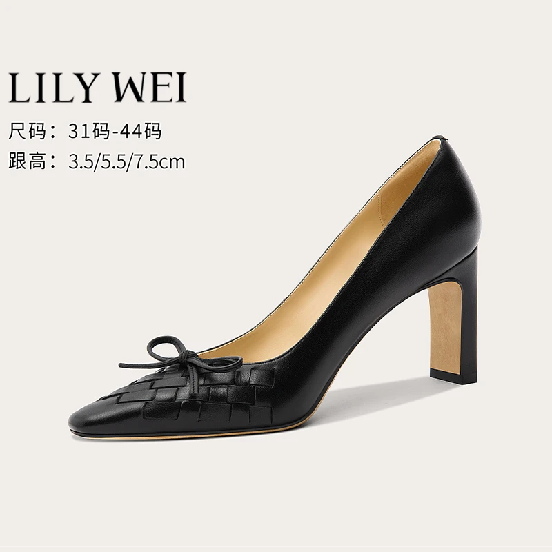 Lily Wei【夏夜】黑色蝴蝶结粗跟单鞋通勤高跟鞋大码女鞋41一43