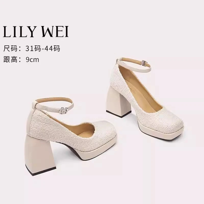 Lily Wei小香风玛丽珍复古粗跟防水台高跟鞋一字带单鞋小码313233
