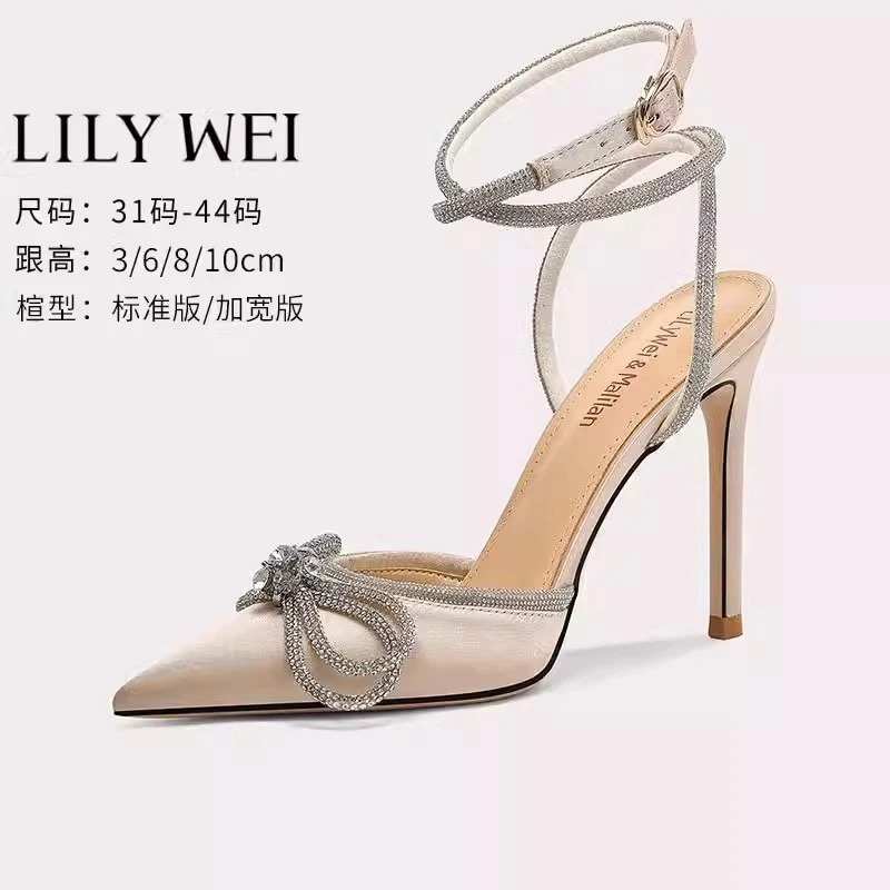 Lily Wei2025新款时装网红凉鞋女性感水钻蝴蝶结高跟鞋小码