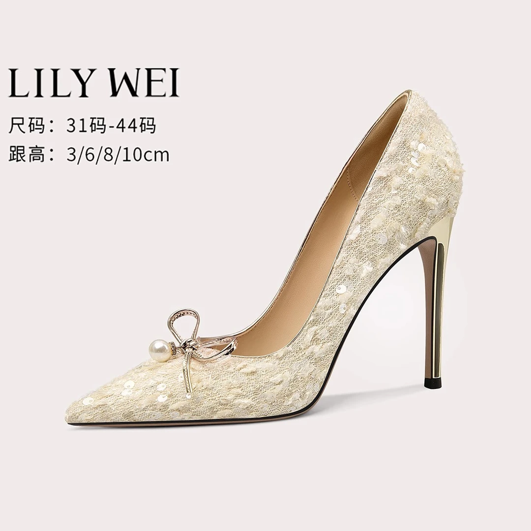 LilyWei【辛夷】设计师款法式亮片单鞋蝴蝶结小众高跟鞋大码41-43
