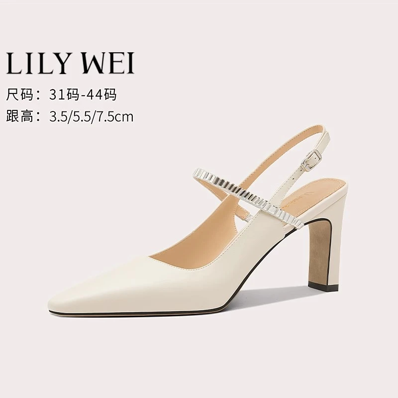 Lily Wei【灵秀】白色一字带气质优雅高跟鞋上班后空时尚粗跟凉鞋