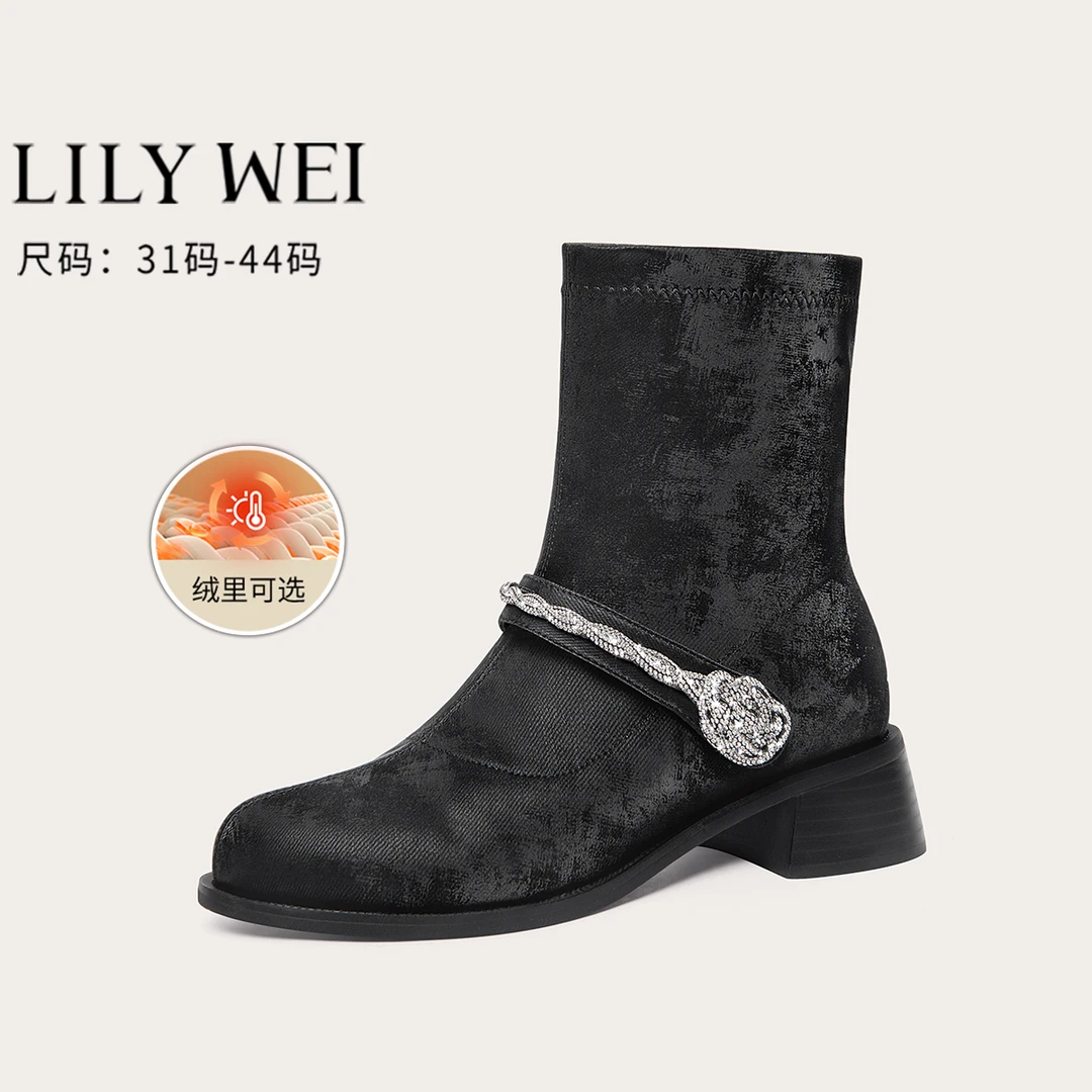 LilyWei【曲之遥】新中式优雅时尚烟筒靴粗跟弹力瘦瘦靴大码41-43