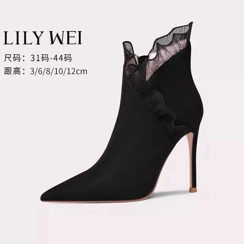 Lily Wei【黑珍珠】靴子新款秋冬季女时尚细跟尖头黑色时装短靴小码