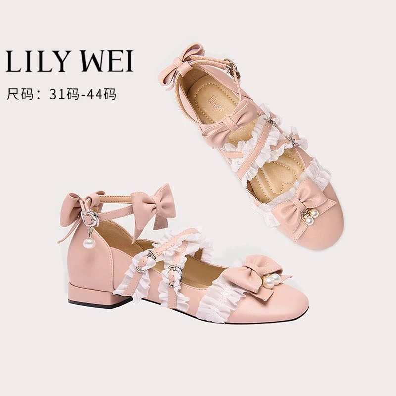 Lily Wei【奶油舒芙蕾】粉色洛丽塔荷叶边单鞋甜美蝴蝶结平底鞋