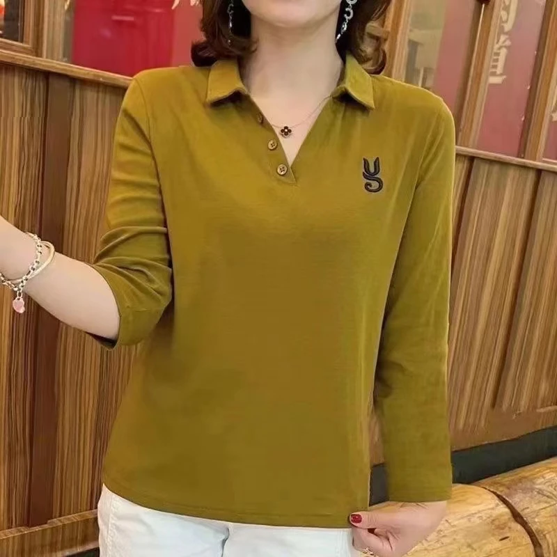 新款长袖V领长袖女装t恤女士polo领衫显瘦减龄翻领妈妈上衣打底衫