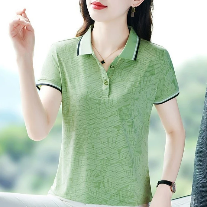 夏季翻领短袖t恤女2024新款百搭妈妈洋气减龄POLO衫大码显瘦上衣