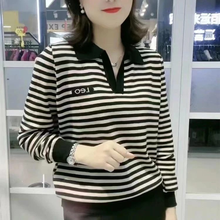 春秋长袖polo衫t恤女时尚气质条纹妈妈百搭遮肚打底衫休闲上衣