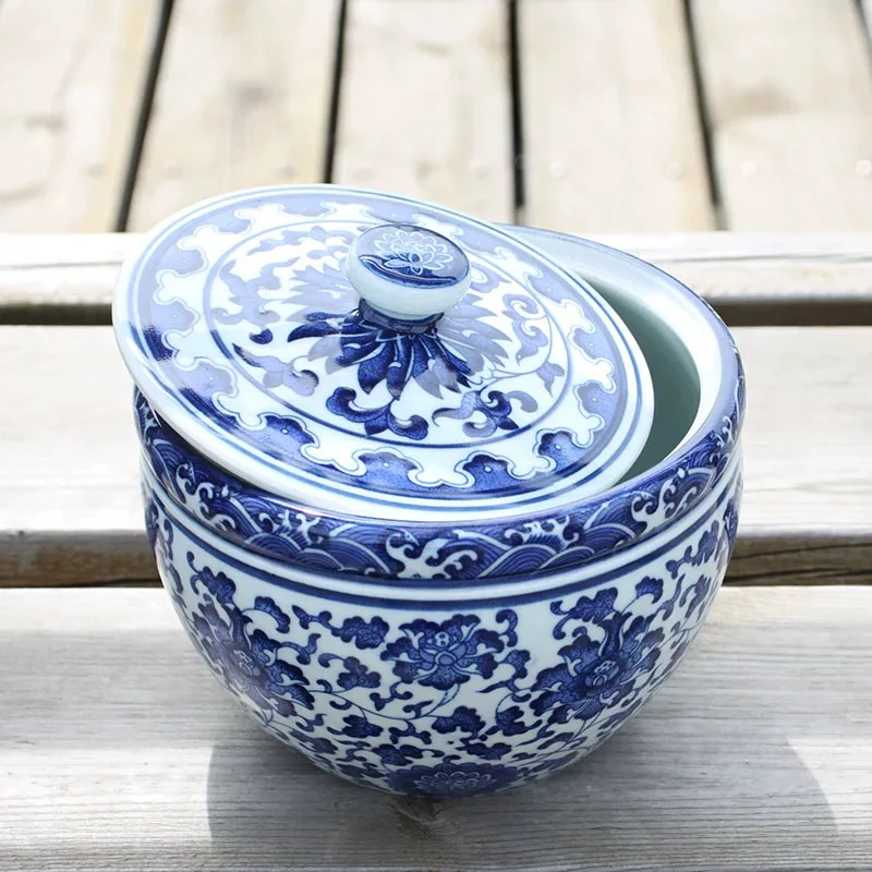 景德镇青花缠枝莲带盖醒茶罐陶瓷储物罐仿古中式陶瓷摆件猪油罐