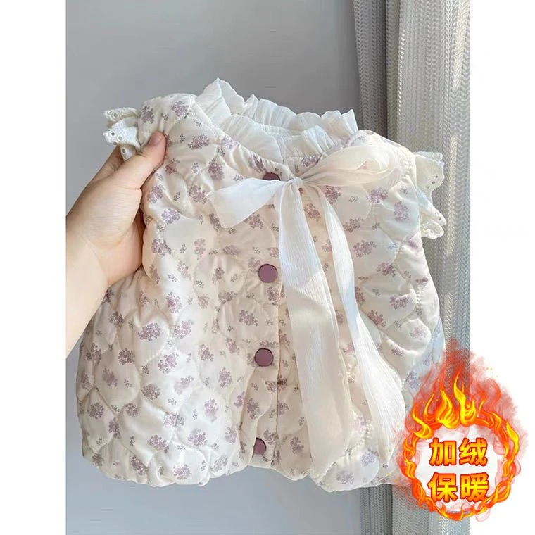 女童秋冬马甲洋气网红碎花夹棉绗棉花边背心配套打底衣两件套