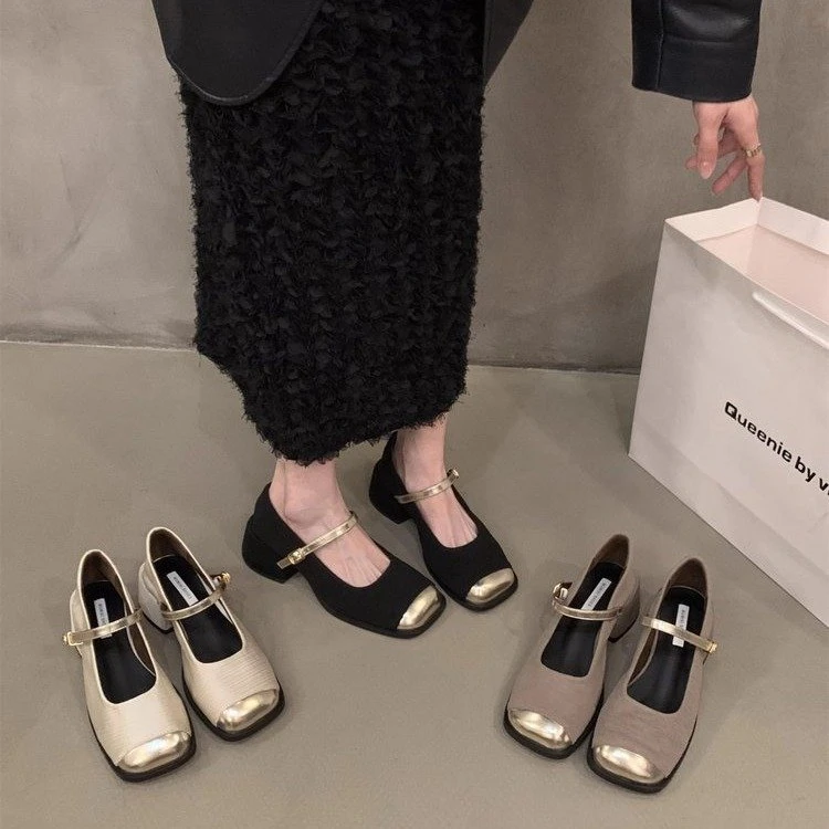 玛丽珍法式小香风高跟鞋女202年春季新款方头晚风单鞋时尚小皮鞋