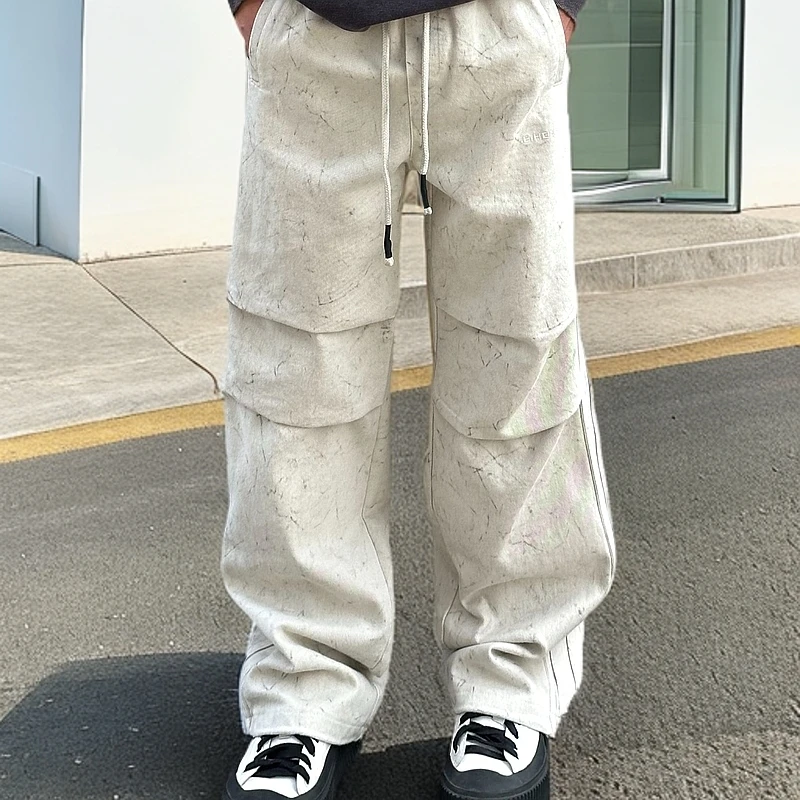 男宽松水洗美式潮牌复古扎染时尚百搭直筒高街牛仔阔腿休闲裤男士