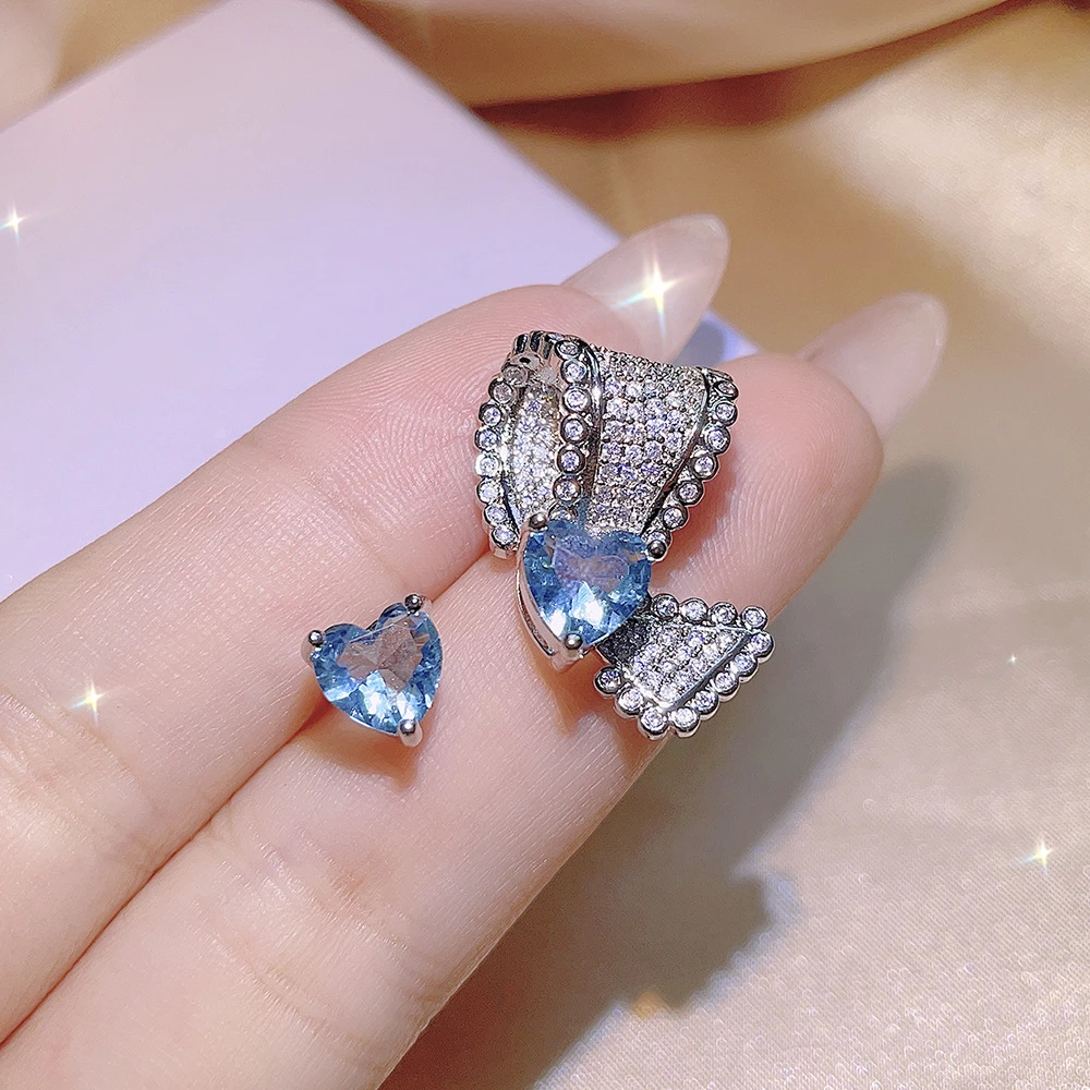 铜合金耳饰 佩颜 铜合金优雅蝴蝶结爱心不对称蓝耳钉5198