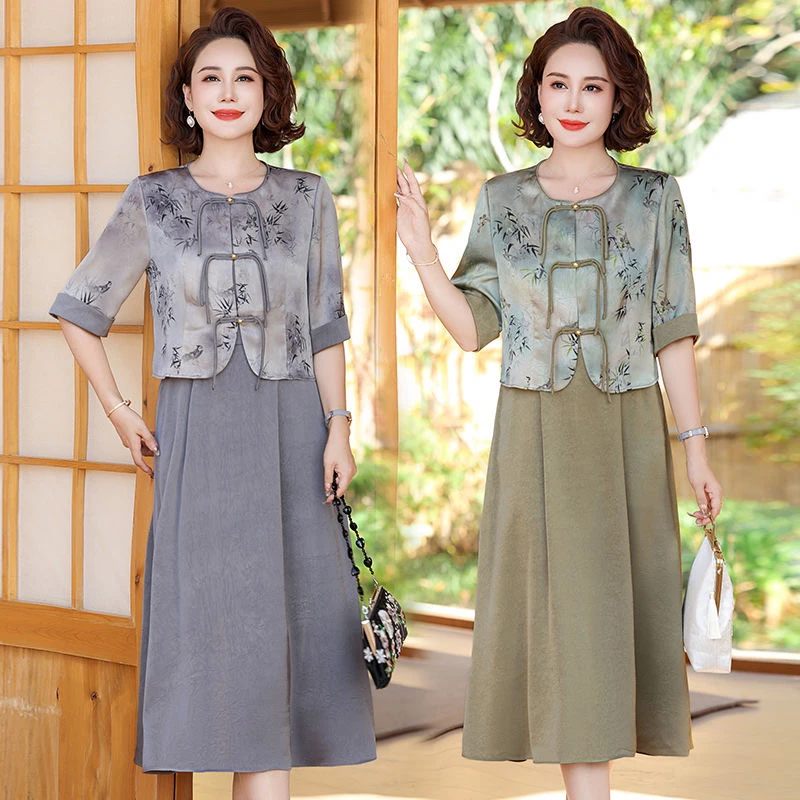中年妈妈装新中式连衣裙套装女装中老年中长款长裙子两件套78051