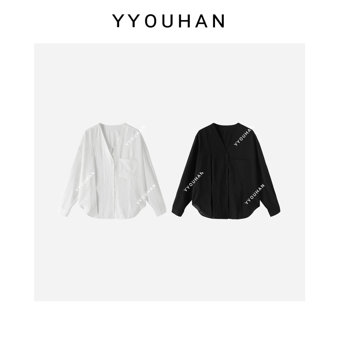 2024夏款 休闲百搭V领钉褶长袖衬衫 2403B795