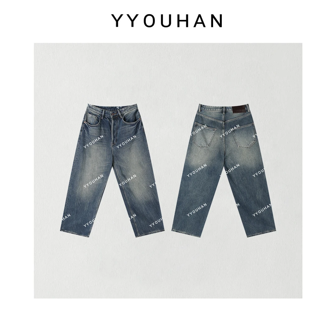 月月不吃鱼 小众设计极简风水洗植绒纹理加绒牛仔裤 2409B4300
