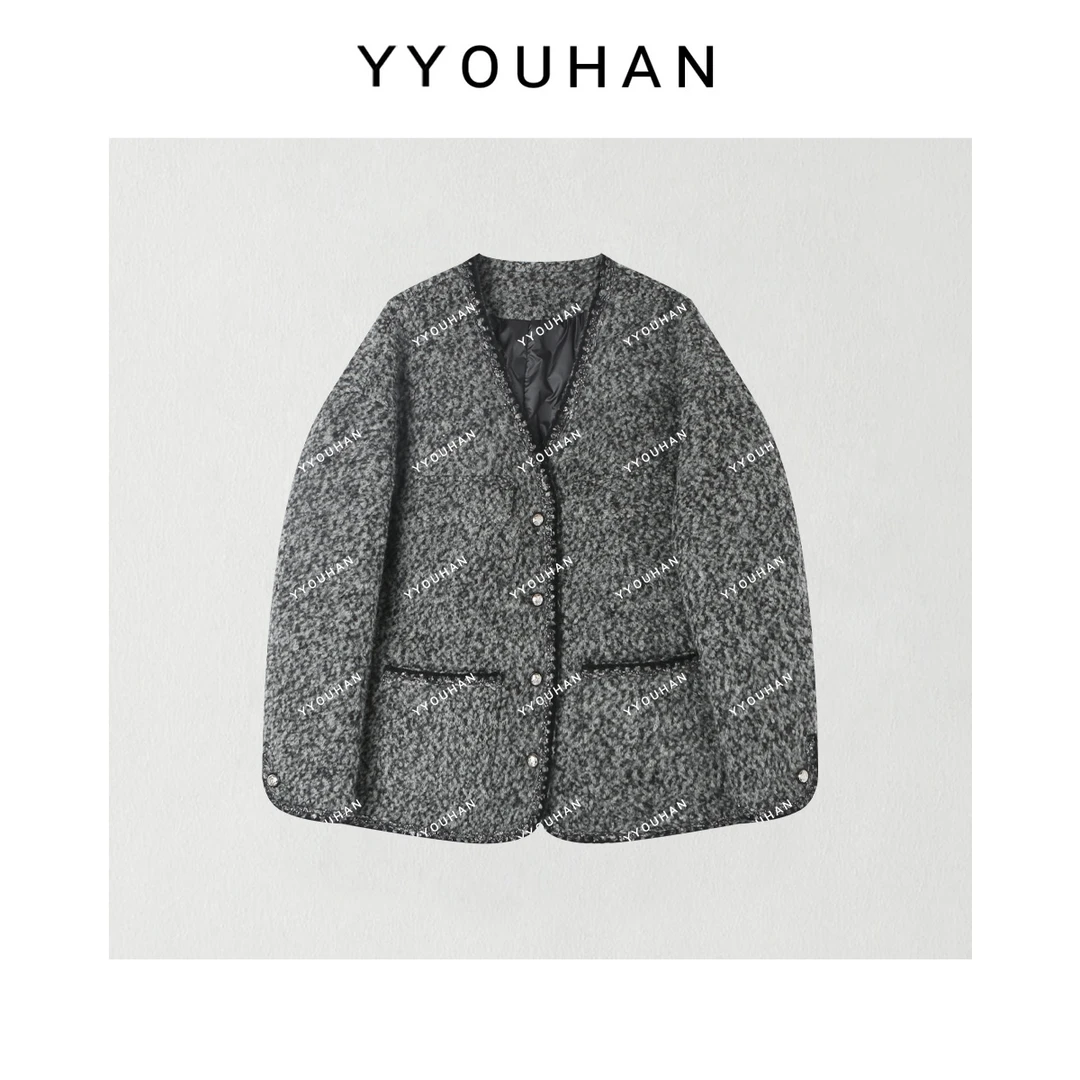 月月不吃鱼 年货定制小众设计花灰色小香羽绒外套 2411B5702