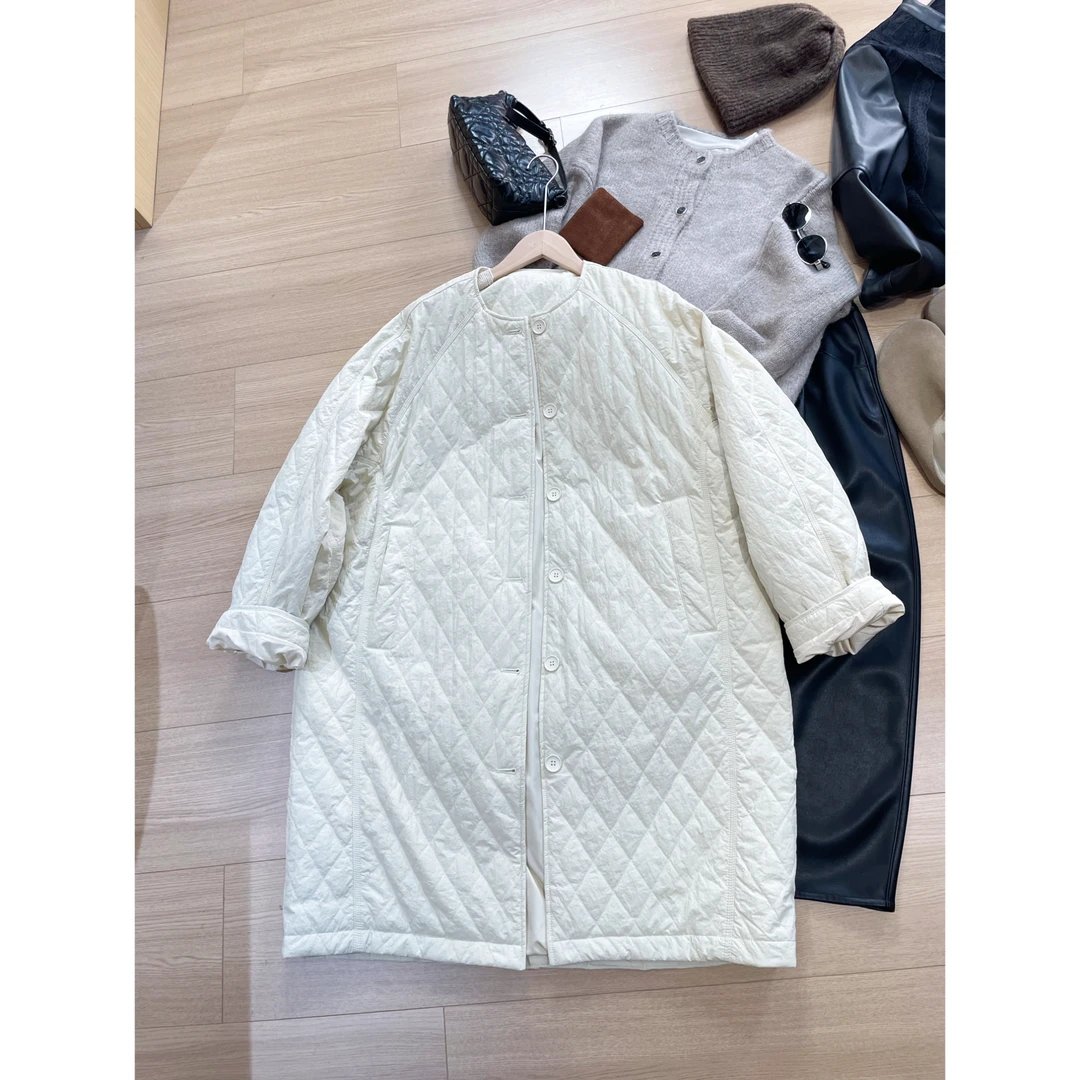 月月不吃鱼 小众设计极简风百搭菱形格长款棉衣外套 2409B4152