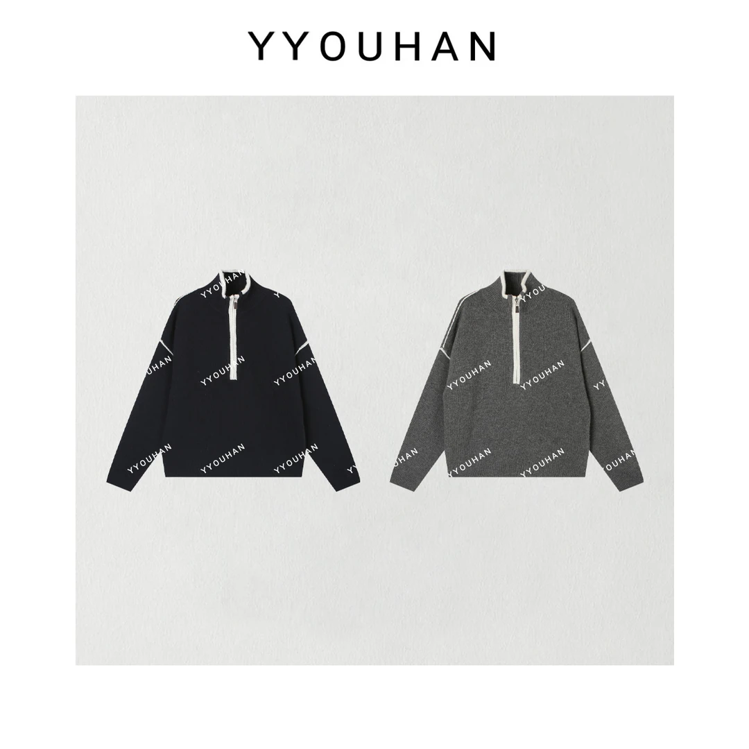 月月不吃鱼 小众设计极简撞色立领半拉链显瘦针织毛衣 2411B5652