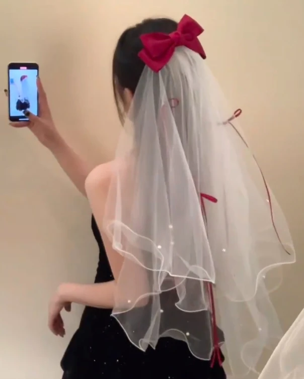 酒红色蝴蝶结仙女头纱新娘求婚登记领证网红爆款气质简约生日头饰