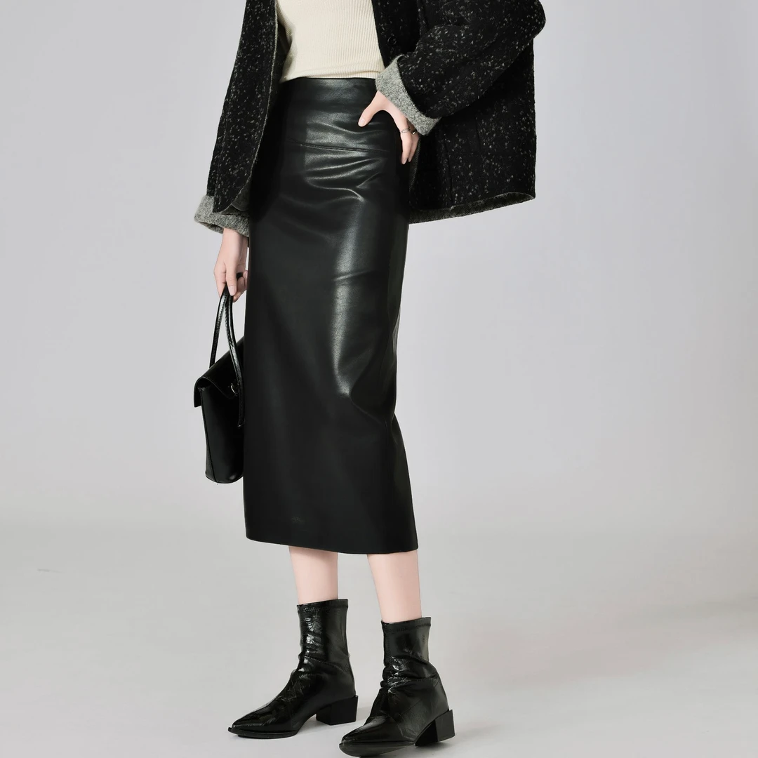包臀裙女海宁正品皮裙显瘦隐形拉链半身裙黑色包臀皮裙